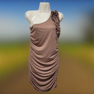 Brown Body Con Dress One Shoulder Dress Mini Ruched Ruffle Size L